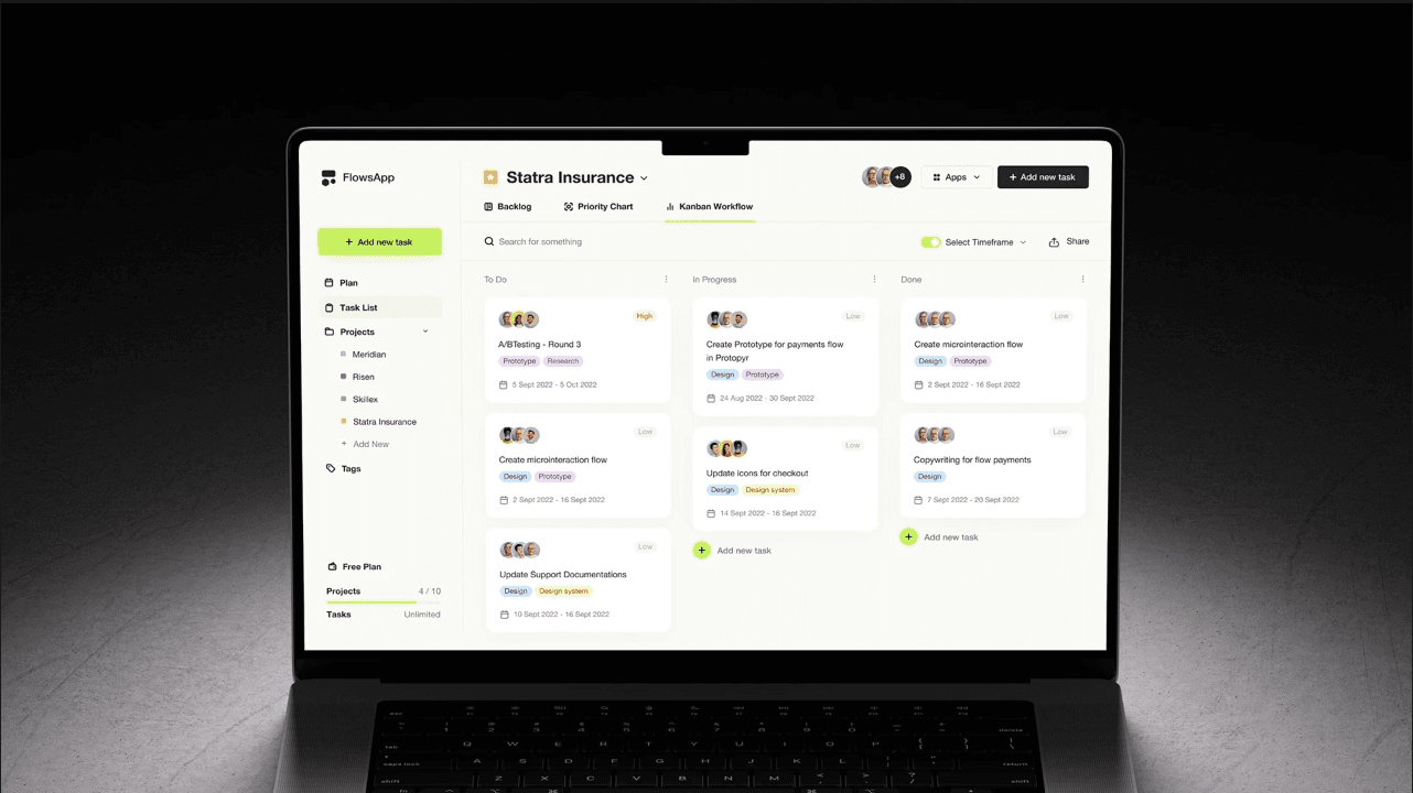 Flows App project timeline and scheduling interface