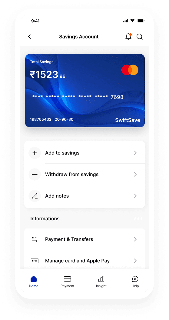 SwiftSave savings account screen after the redesign