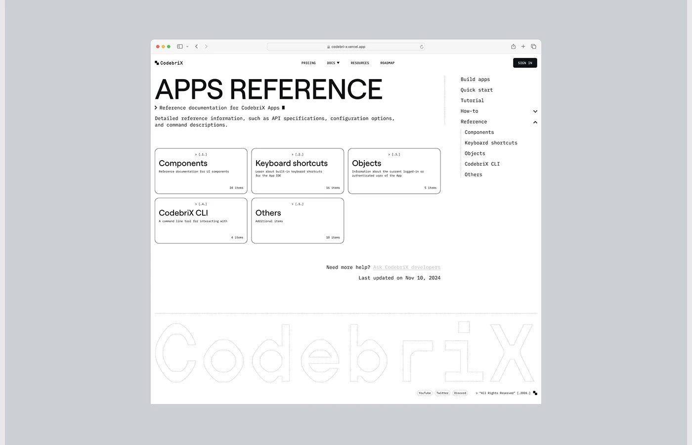 CodebriX app reference documentation screen