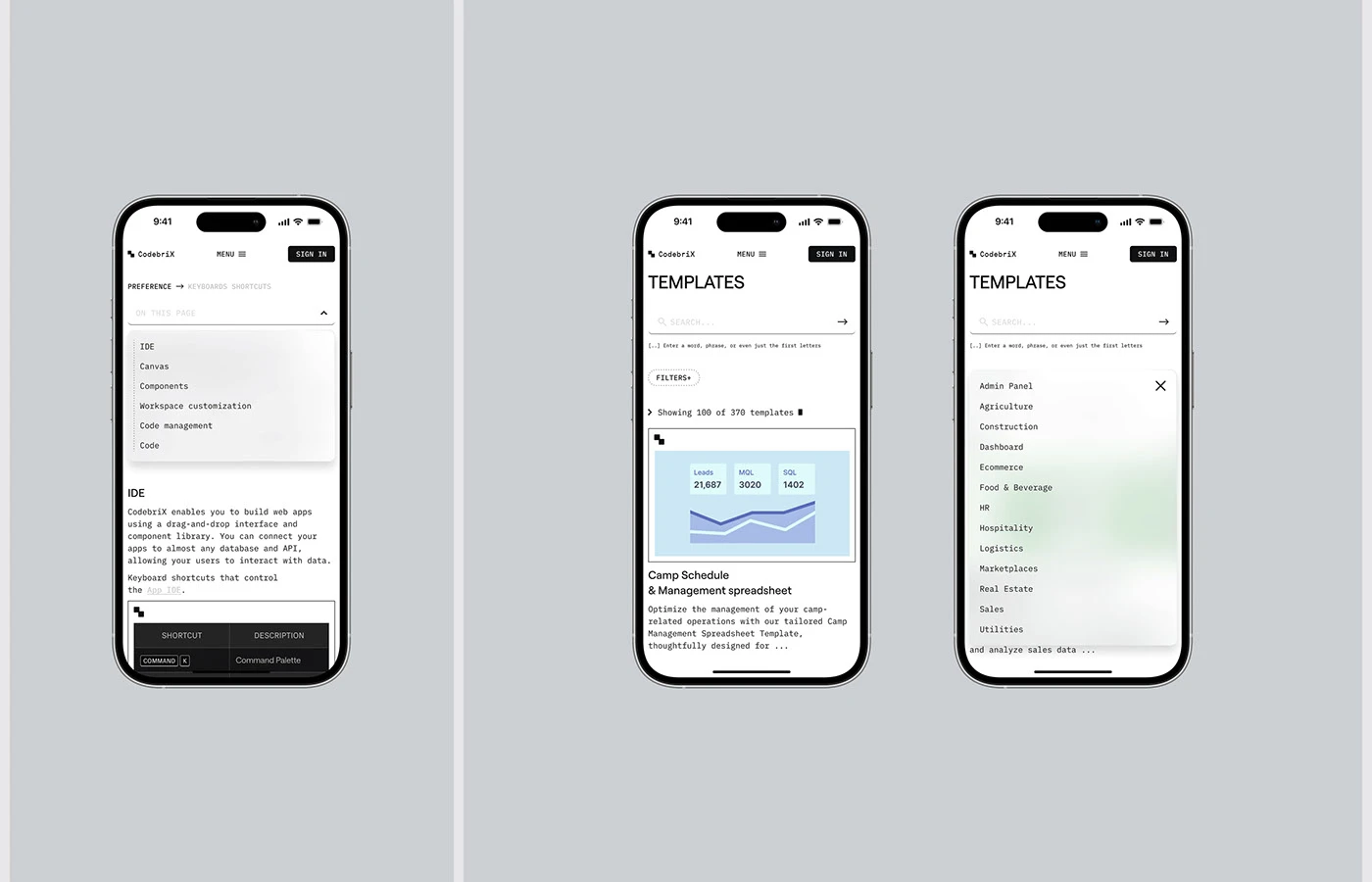 CodebriX mobile templates and IDE screens